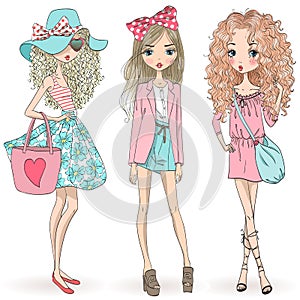 Three hand drawn beautiful cute cartoon summer girls.