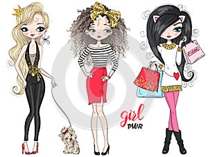 Three hand drawn beautiful cute fashion girls power shopping. with little dog.