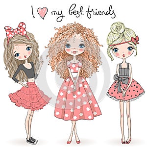 Three hand drawn beautiful cute girls on the background with the inscription I love my best friends. photo