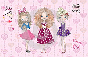 Three hand drawn beautiful cute girls on lovely background,3d wallpaper textere photo