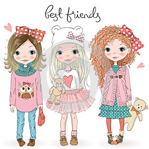 Three hand drawn beautiful cute little girls with Teddy bears on the background with the inscription best friends. photo