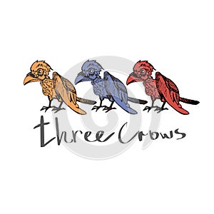 Three hand drawn crows.