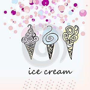 Ice cream, three hand-drawn goodies