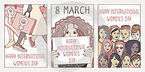 Three hand drawn postcards for international women`s day