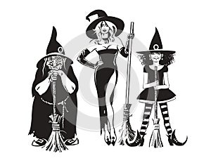 Three hand drawn witches holding broom sticks. Vector illustration isolated on white