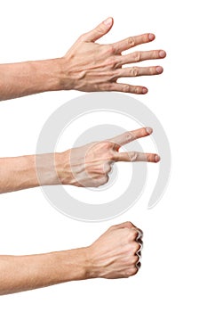Three hand gestures. Rock Paper Scissors game photo
