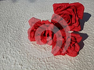 three handmade roses made of red mulberry paper on white postcard