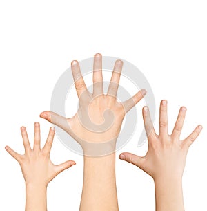 Three hands calling for help