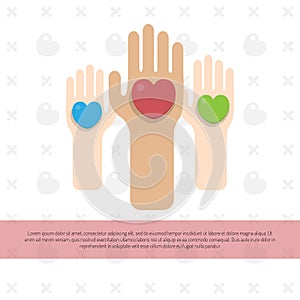 Three hands with hearts, isolated on white background. Vector illustration.