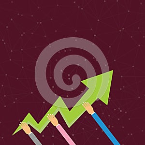 Three Hands Holding Colorful Zigzag Lightning Arrow Pointing and Going Upward. Creative Background Idea for