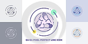 Three hands holding each other line art vector icon. Outline symbol of cooperation. Teamwork pictogram