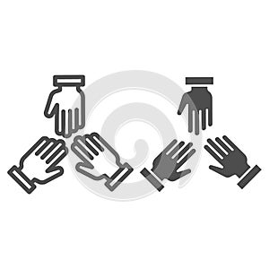 Three hands line and solid icon, Coworking concept, people cooperation sign on white background, teamwork symbol in