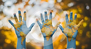 Three Hands Raised, World Map Painted, Global Unity