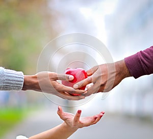 Three hands sustaining a red apple