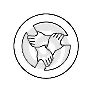 Three hands together support each other outline style logo. Teamwork, union or cooperation concept sign.