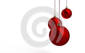 Three hanging christmas balls on a white background