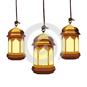 Three hanging lanterns are used for religious designs.