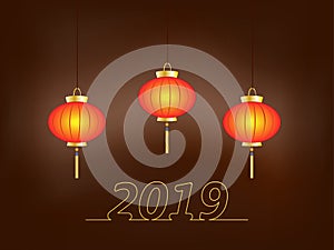 Chinese traditional red lanterns isolated on dark background, figures 2019 .Vector illustration