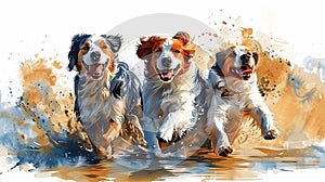 Three happy Australian Shepherds run through the water