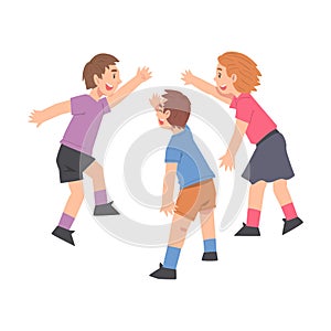 Three Happy Boys Giving High Five, Cheerful Friends Characters Meeting, Happiness, Agreement or Joy Expression Cartoon