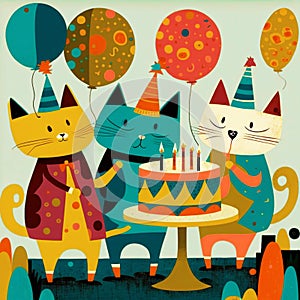 Three happy cats with birthday cake, candles hat and spotted balloons