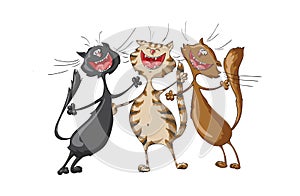 Three happy cats singing cheerful song on isolated