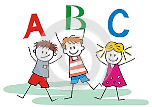 Three happy children and ABC letters, vector icon