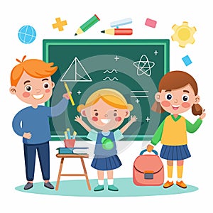 Three happy children in a classroom, engaged in learning