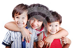 Three happy children isolated: love, care, hug,