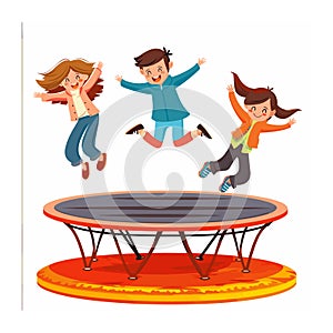 Three happy children jump trampoline, joy laughter excitement fill air. Cartoon kids photo