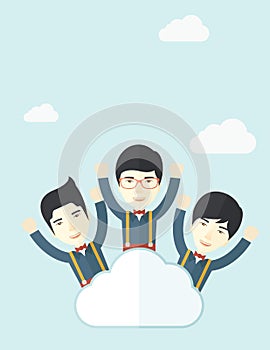 Three happy chinese businessmen on the cloud