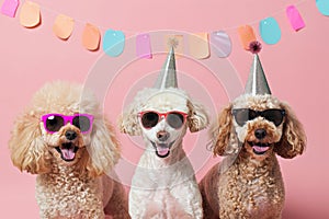 Three happy cute poodle dogs with sunglasses and birthday hat fun party celebration