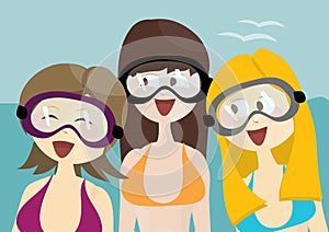 Three happy girls with snorkeling masks