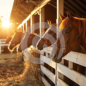 Three Happy Horses with Ears Forward Looking Out of Their Stalls in Beautiful Modern Stable. Equestrian Barn Life Theme.