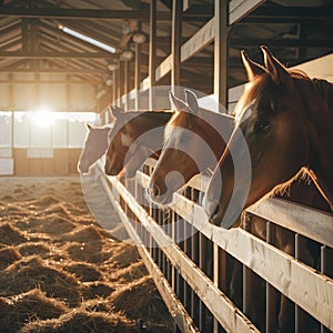 Three Happy Horses with Ears Forward Looking Out of Their Stalls in Beautiful Modern Stable. Equestrian Barn Life Theme.