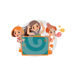 Three happy little girls with blank board beautiful vector illustration