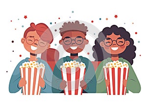 Three happy teenagers with popcorn watching a movie. Isolated on white background. Colorful flat illustration