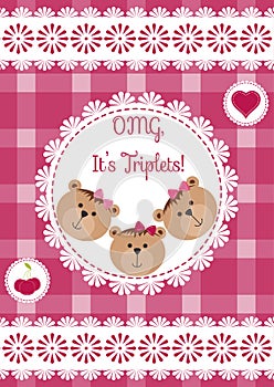 Three happy triplets. Baby arrival announcement card. Triplets baby girls shower card, cute newborn. Teddy bears, kid style