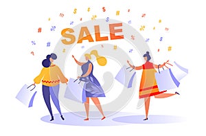 Three happy women with packages go shopping at a sale in a shopping center. Vector illustration, concept of shopping