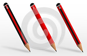 three HB lead pencils on a white background. Red coloured pencils