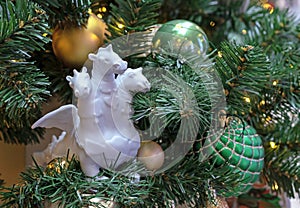 Three-headed dragon near the Christmas tree. Symbol of the year according to the eastern calendar