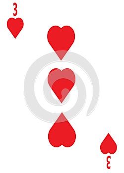 The three of hearts card in a regular 52 card poker playing deck