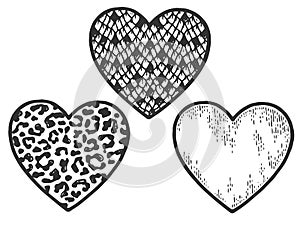 Three hearts near, snake, leopard and sketch. Sign and symbol of love. Scratch board imitation coloring