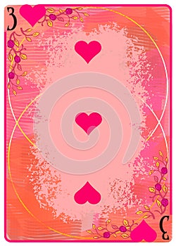 Three of Hearts playing card. Unique hand drawn pocker card. One of 52 cards in french card deck, English or Anglo-American