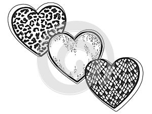 Three hearts, snake, leopard and sketch. Sign and symbol of love. Scratch board imitation coloring