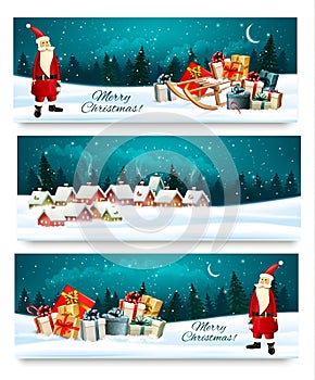 Three Holiday Christmas banners with a gift boxes