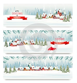 Three Holiday Christmas banners with a winter village