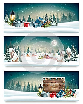 Three Holiday Christmas banners with a winter village