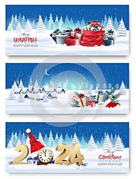 Three Holiday Christmas and New Year Banners with a Winter Village Landscape