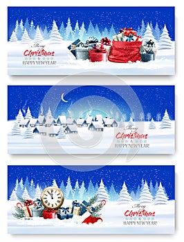 Three Holiday Christmas and New Year Banners with a  Winter Village Landscape, gift boxes and Santa Hat.